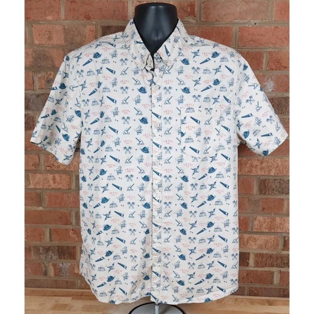 Troll Co Button Up Shirt Mens Sz Large AOP Short Sleeve Pocket Skull Anvil Axe